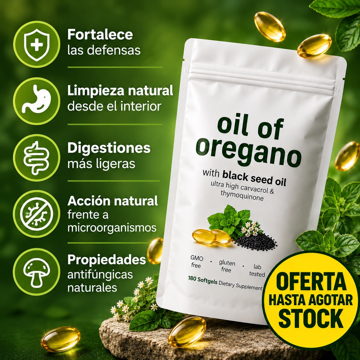 🍀 Aceite de Orégano con Aceite de Comino Negro (Pack de 180 Cápsulas)
